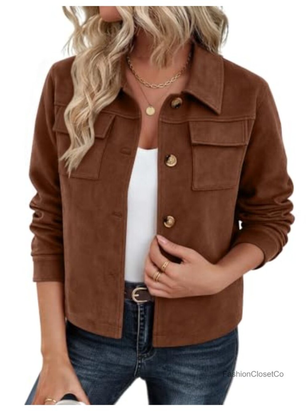 Faux Suede Cropped Jacket Button Down Shacket Collared Loose Fit